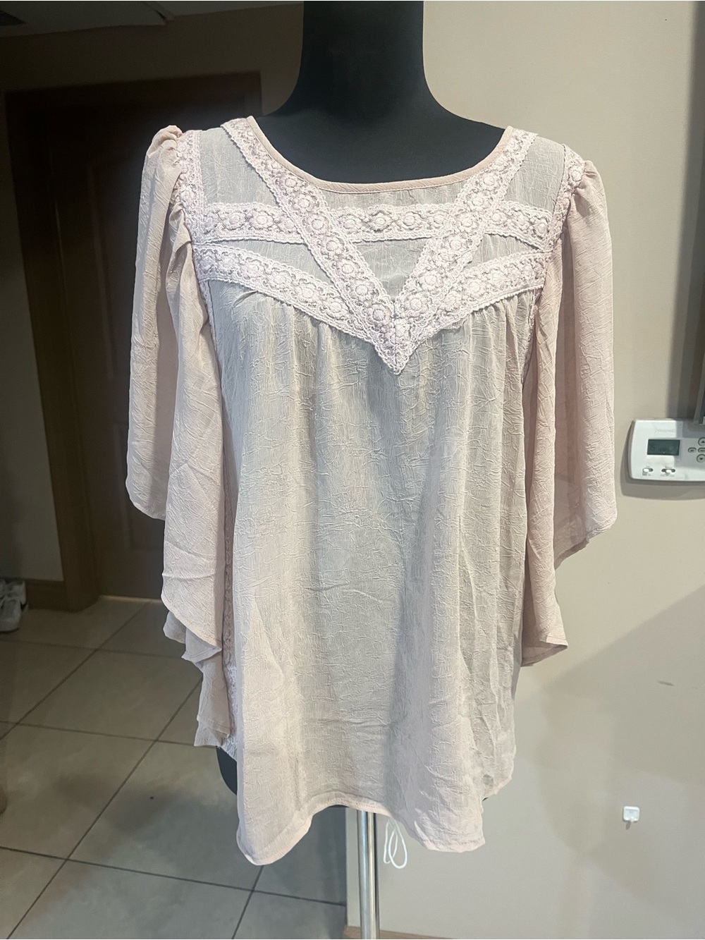 Delicate Lace Yoke Women's Blouse in Light Blush - Picture 2 of 5